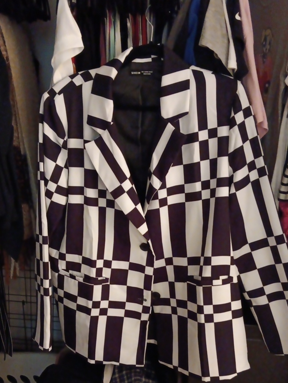 SHEIN Black and White Geometric Plaid Blazer